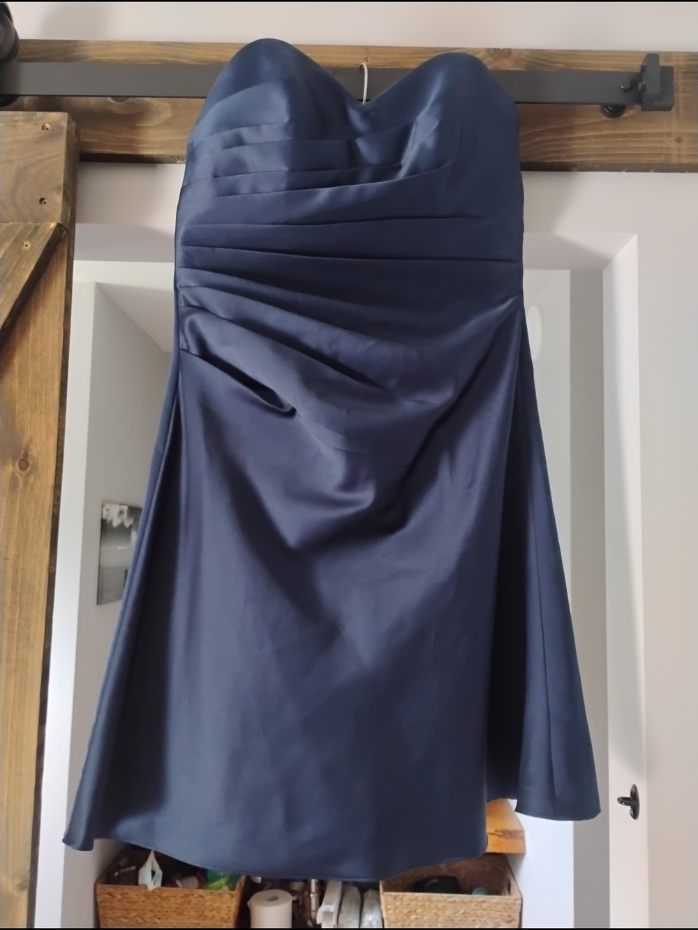 Alfred Angelo Strapless Navy Satin A-Line Dress